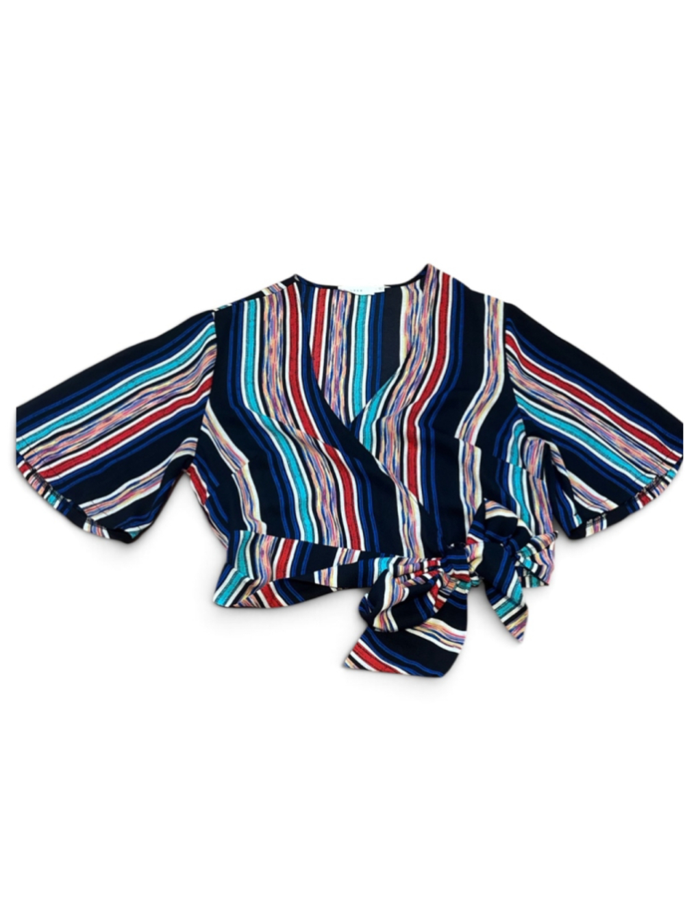 Lush Striped Wrap Crop Top, Size L, Black Multi-color